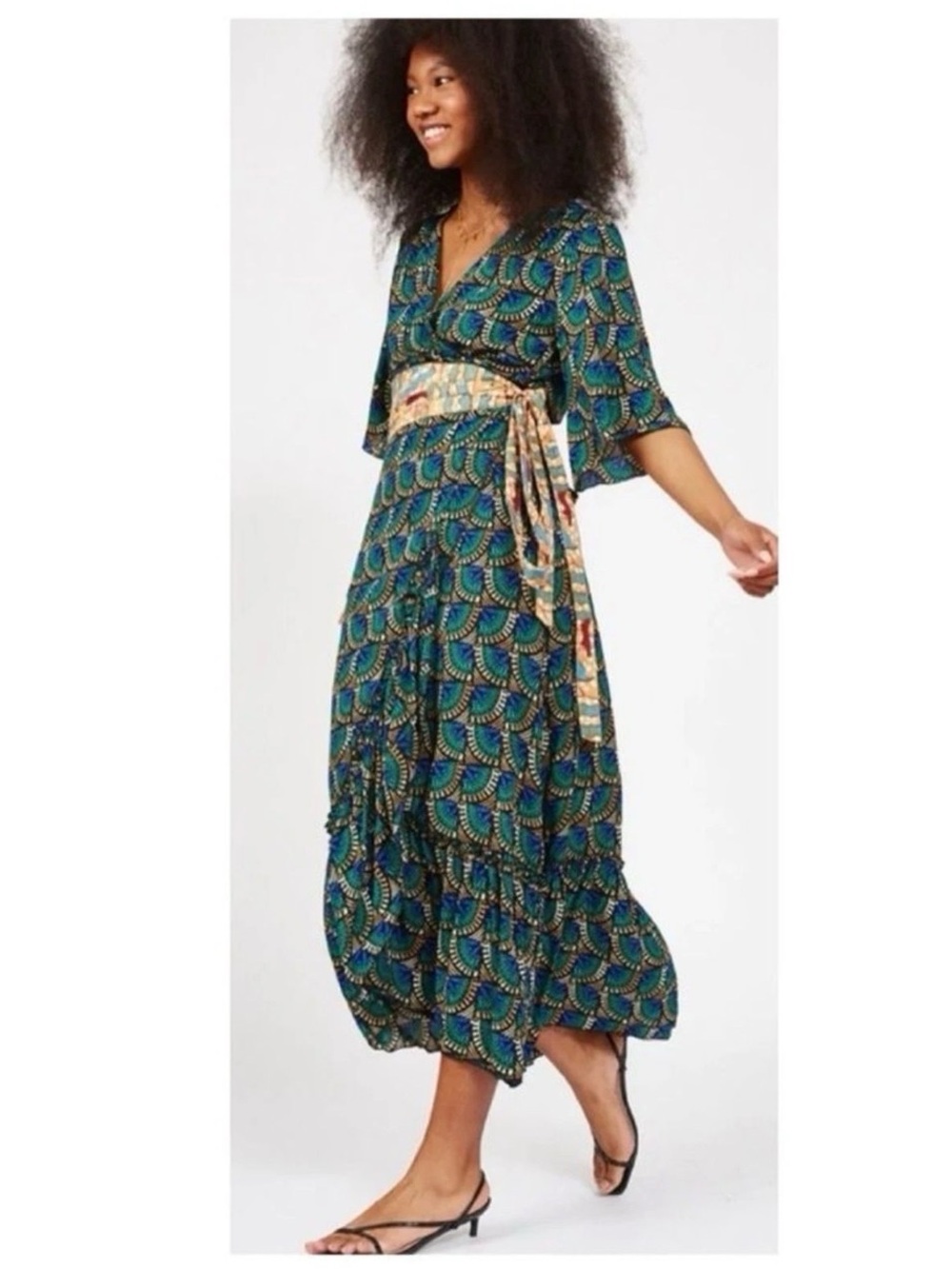 Silk & Salt Wrap Maxi Dress in Green & Blue African Peacock Print XS NWOT